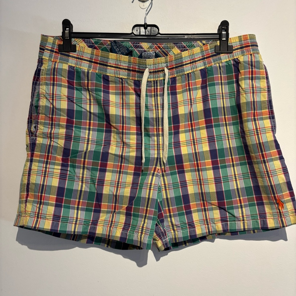 Vintage Polo Ralph Lauren Yellow Green Blue Checkered Pattern Swim Shorts Medium